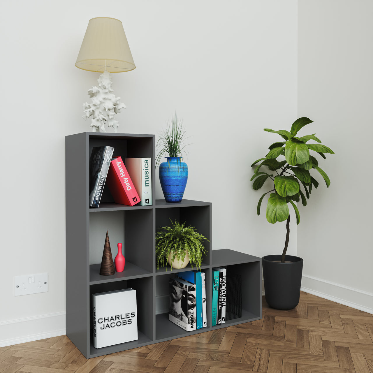 Grey 6 Cube Step Storage Shelving Unit with Optional Baskets