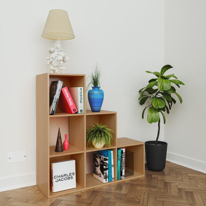 Oak Effect 6 Cube Step Storage Shelving Unit with Optional Baskets