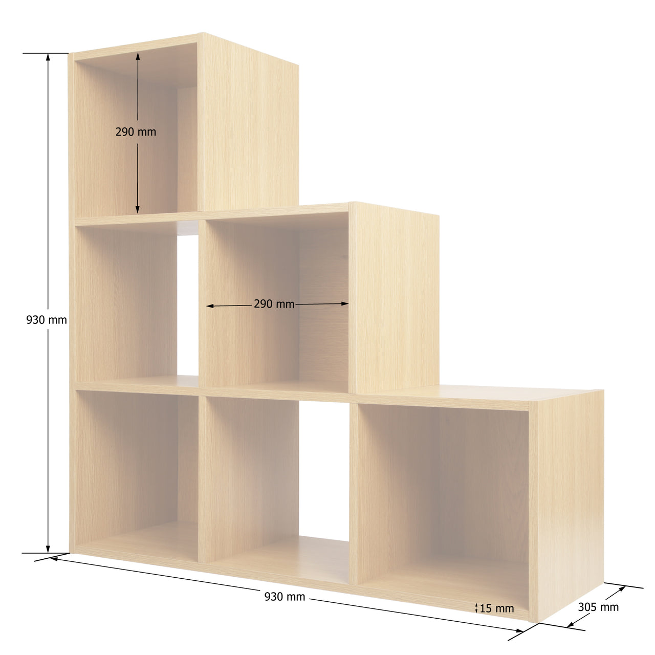 Oak Effect 6 Cube Step Storage Shelving Unit with Optional Baskets