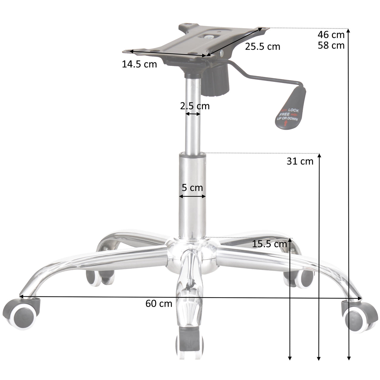 Chrome Office Chair Refurbishment Kit – Star Base, Castors, Chrome Gas Lift and 25.5cm Mechanism