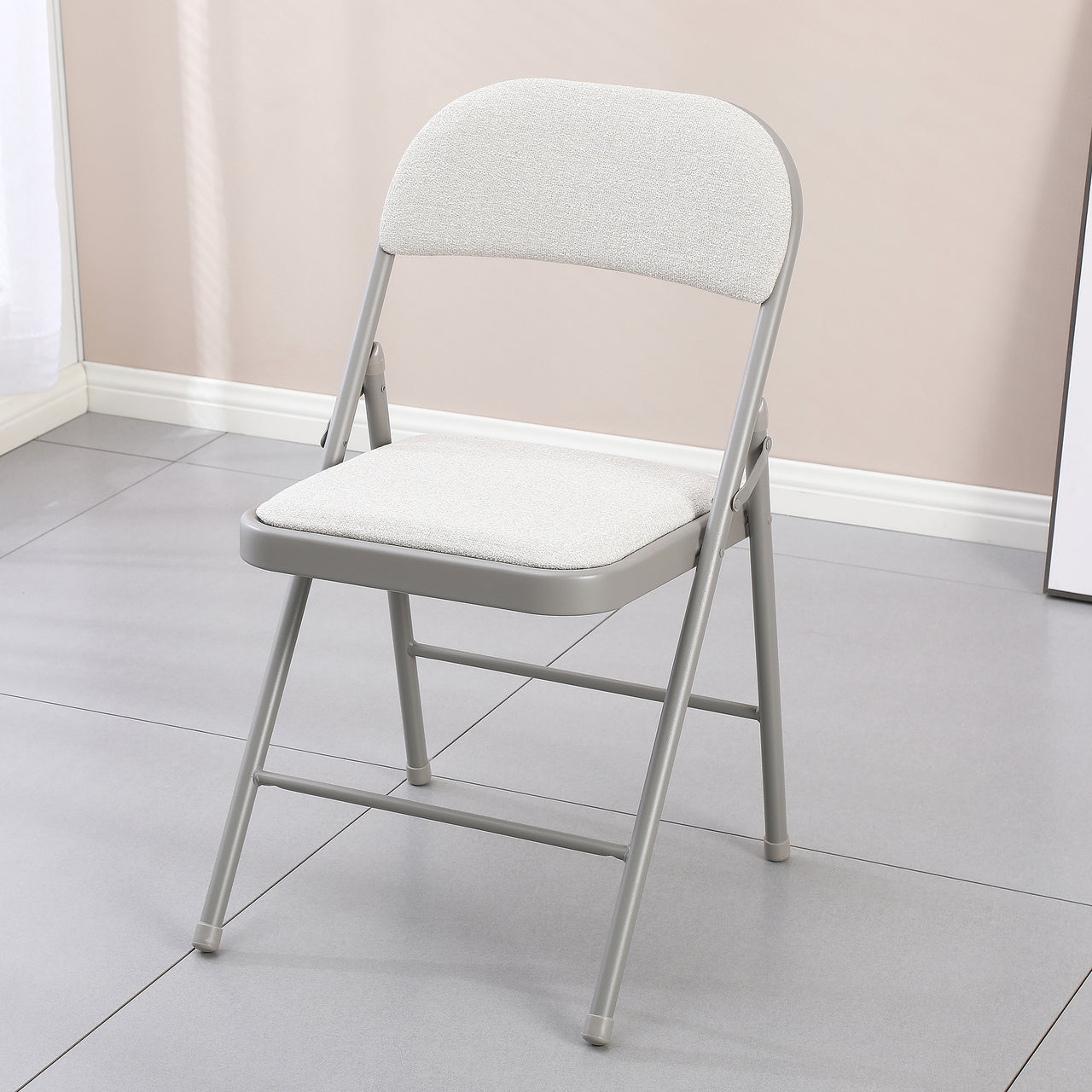 Cream Fabric Padded Folding Chair with Grey Frame