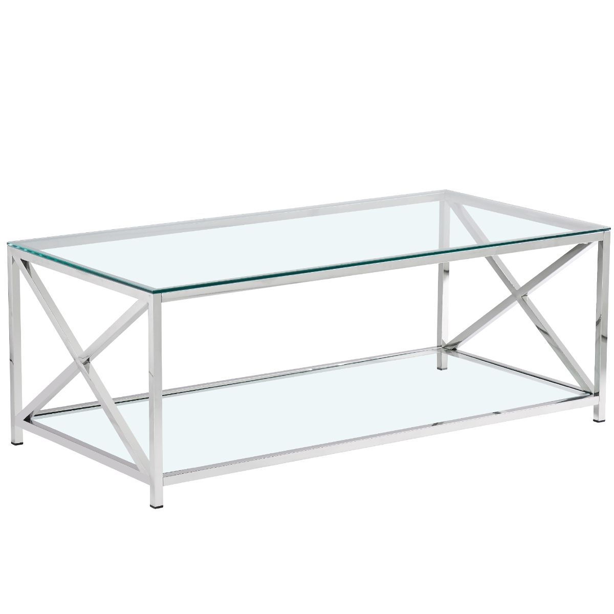 Clear Glass Coffee Table with Two Shelves and Mirrored Finish Chrome Legs