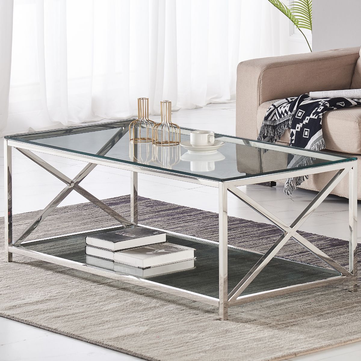 Clear Glass Coffee Table with Two Shelves and Mirrored Finish Chrome Legs