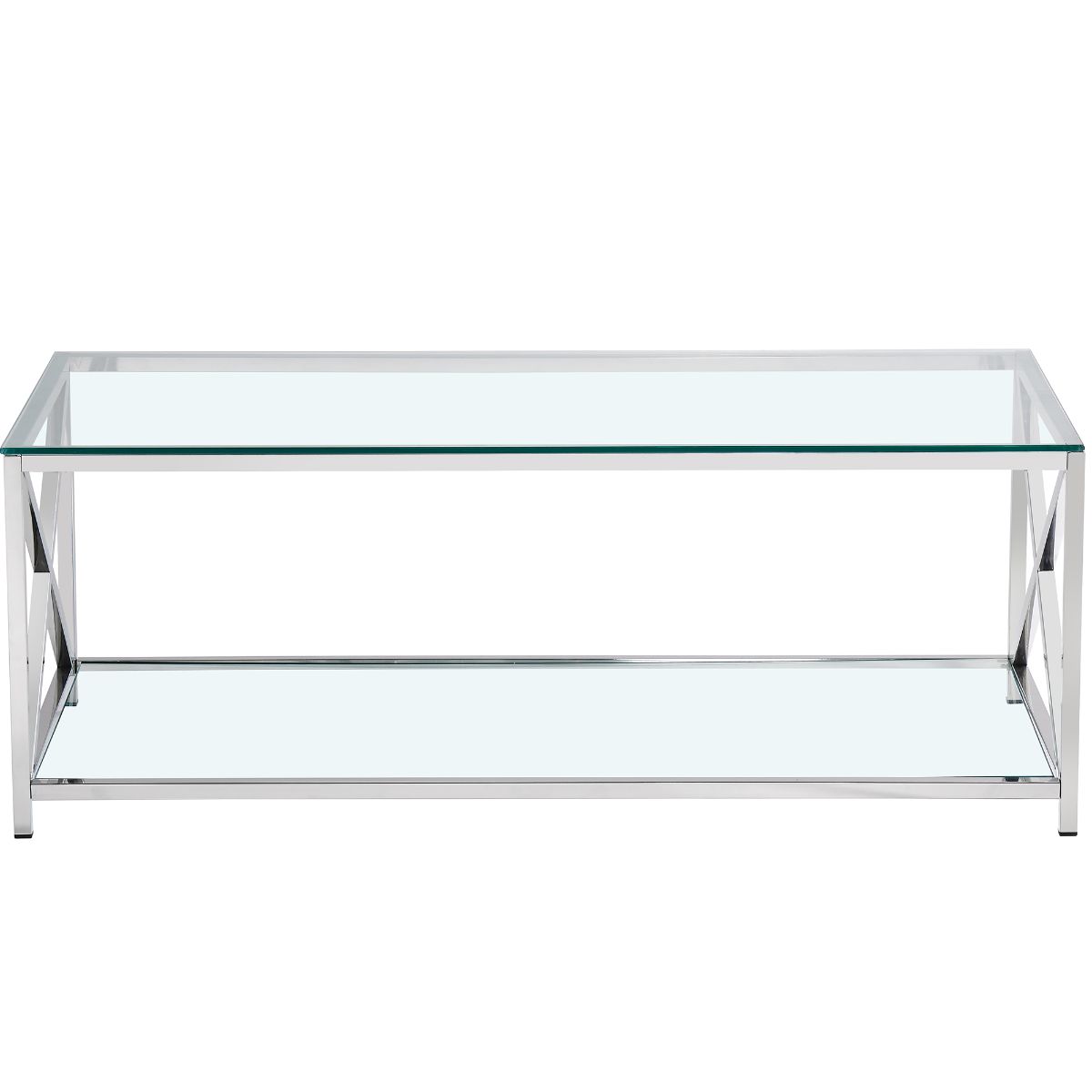 Clear Glass Coffee Table with Two Shelves and Mirrored Finish Chrome Legs