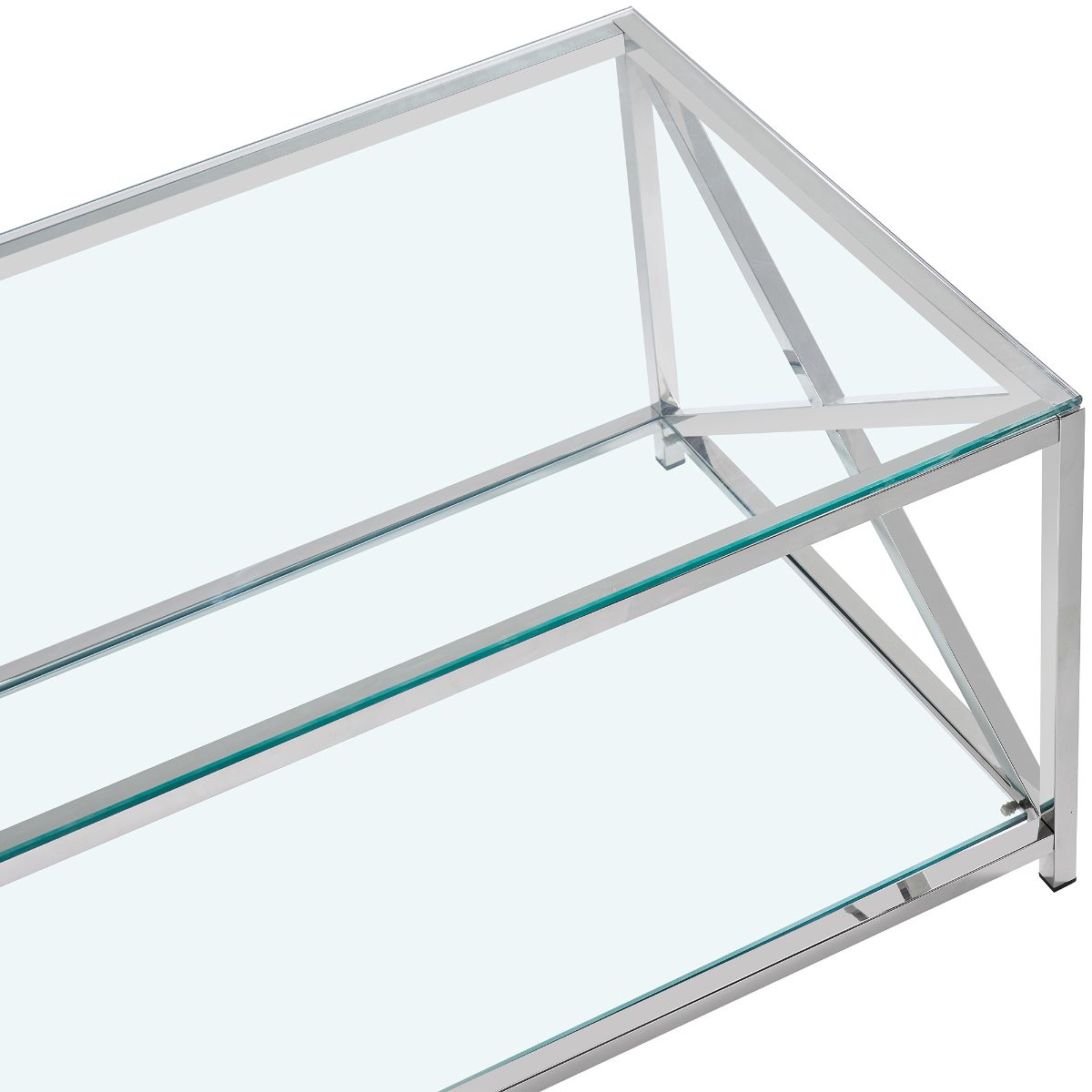 Clear Glass Coffee Table with Two Shelves and Mirrored Finish Chrome Legs