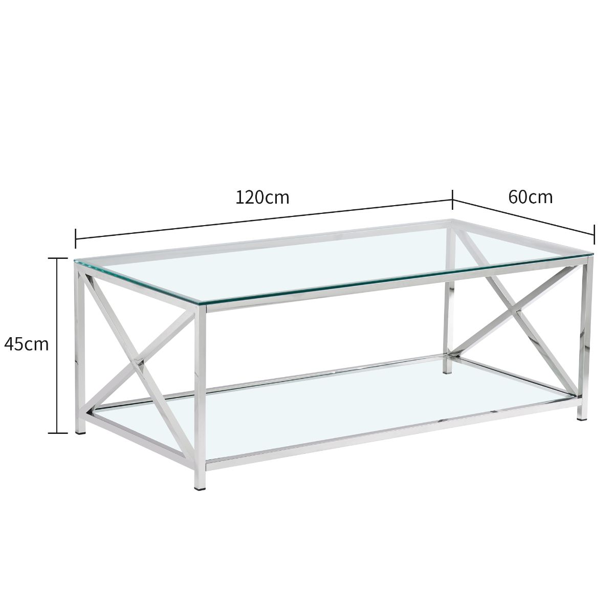 Clear Glass Coffee Table with Two Shelves and Mirrored Finish Chrome Legs