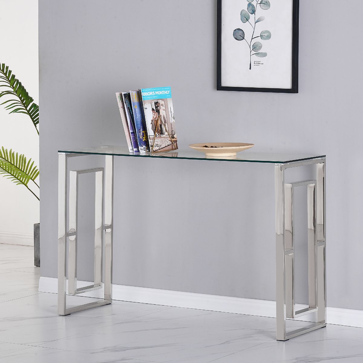 Clear Glass Console Table with Mirrored Finish Chrome Square Insert Legs