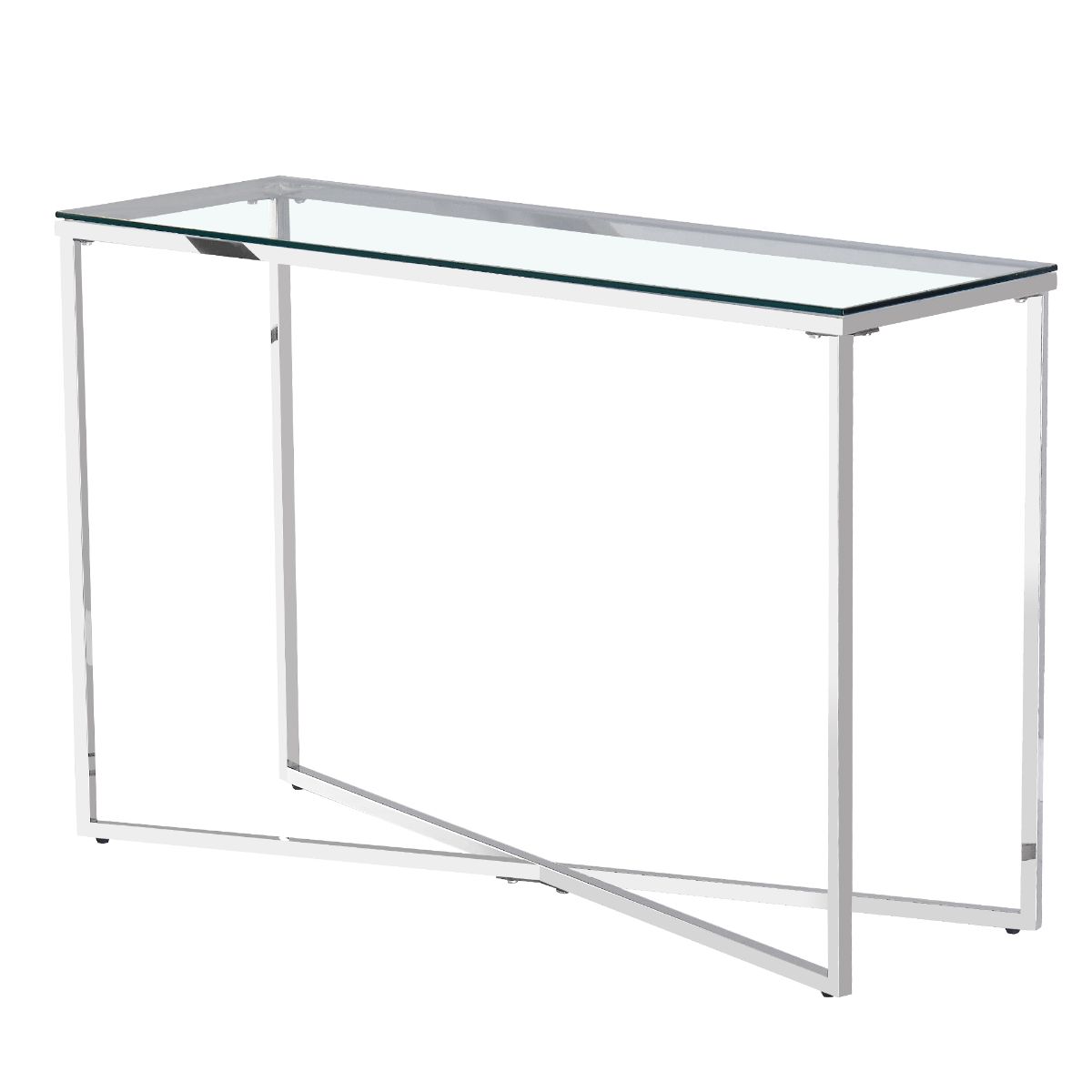 Clear Glass Console Table with Mirrored Finish Chrome Cross Base Legs