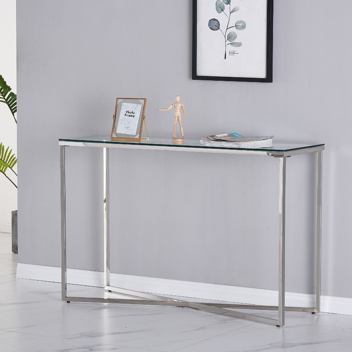 Clear Glass Console Table with Mirrored Finish Chrome Cross Base Legs