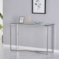 Thumbnail for Clear Glass Console Table with Mirrored Finish Chrome Cross Base Legs