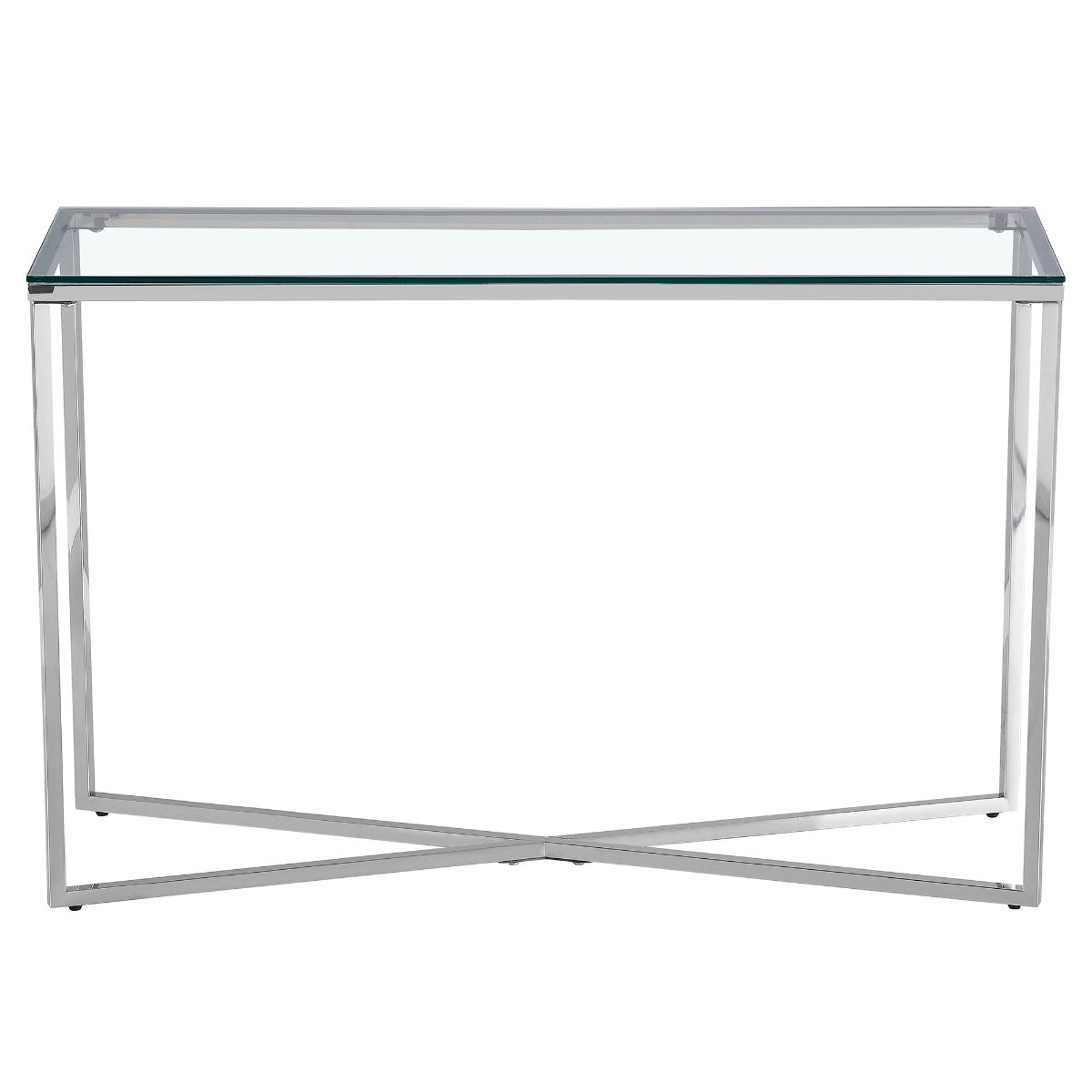 Clear Glass Console Table with Mirrored Finish Chrome Cross Base Legs