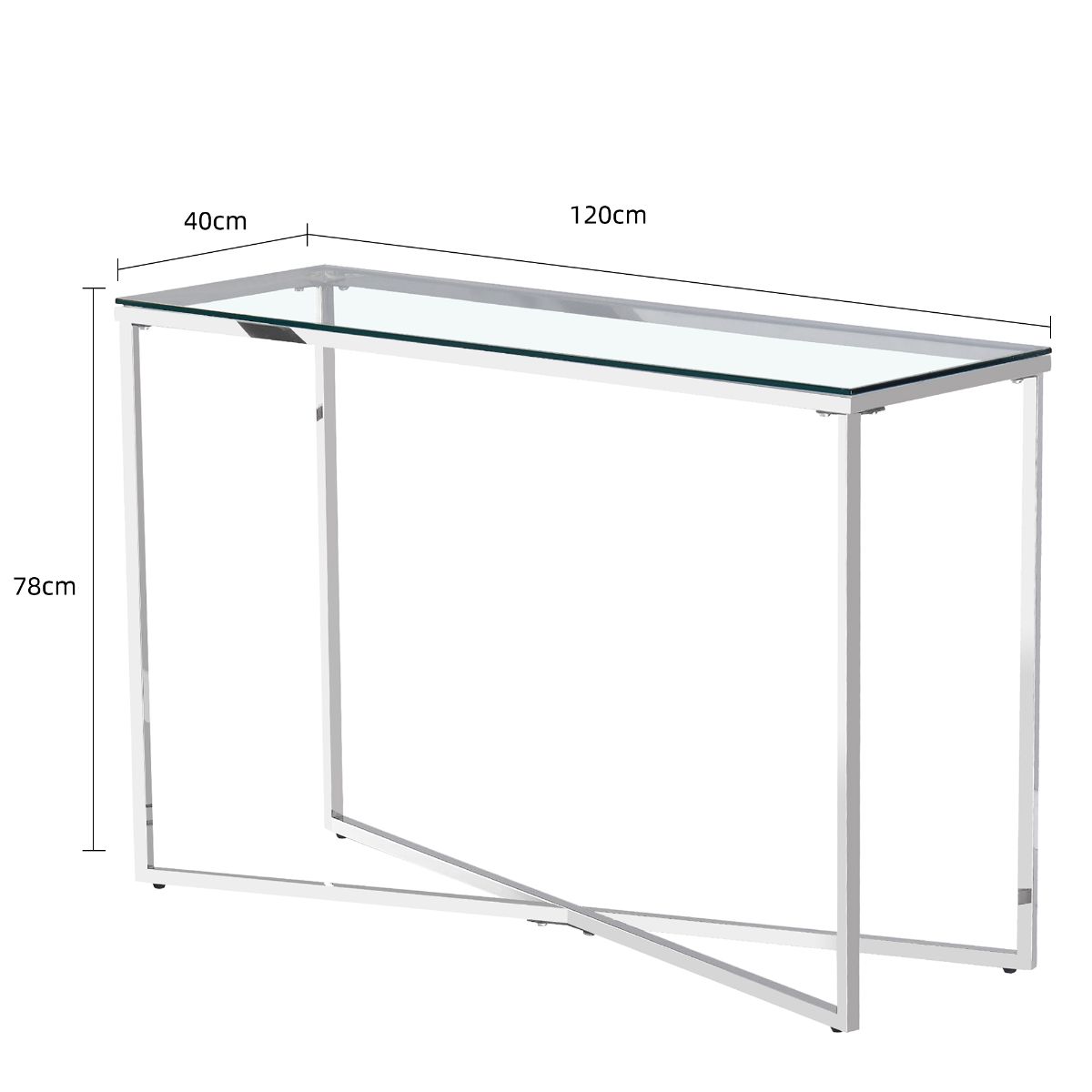 Clear Glass Console Table with Mirrored Finish Chrome Cross Base Legs