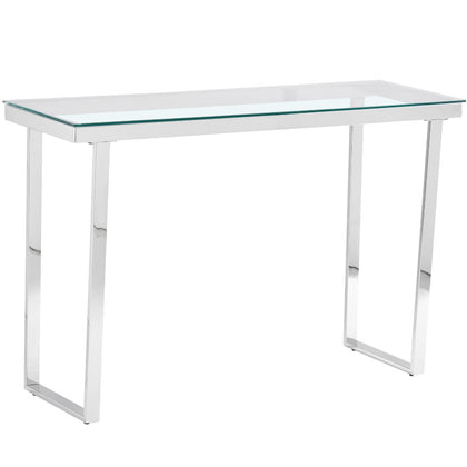 Clear Glass Console Table with Mirrored Finish Chrome Reverse Trapezium Legs