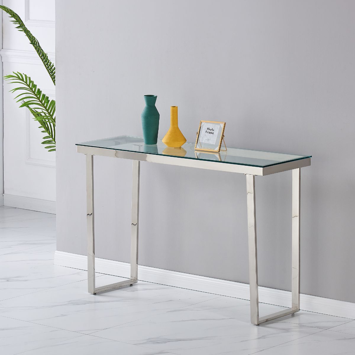 Clear Glass Console Table with Mirrored Finish Chrome Reverse Trapezium Legs