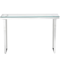 Thumbnail for Clear Glass Console Table with Mirrored Finish Chrome Reverse Trapezium Legs