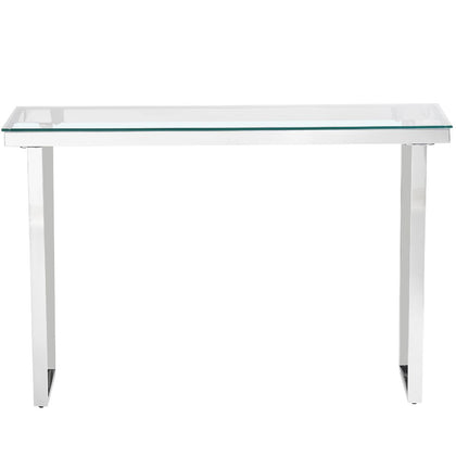 Clear Glass Console Table with Mirrored Finish Chrome Reverse Trapezium Legs