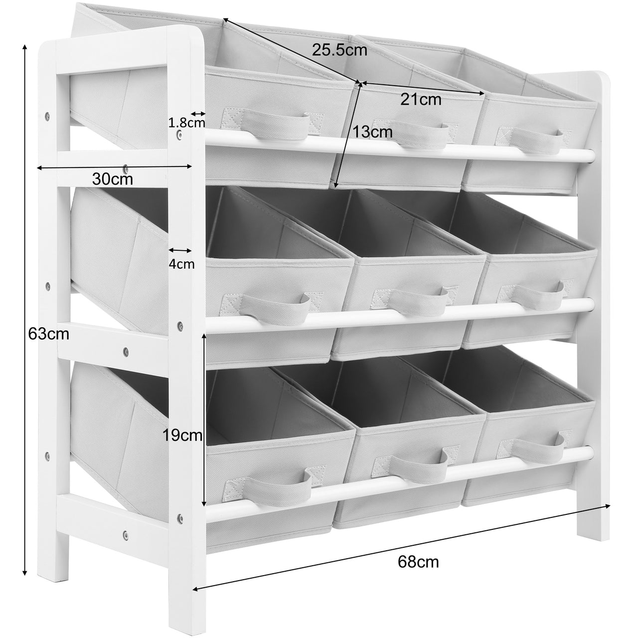 3 Tier Toy Storage Unit with 9 Fabric Boxes for Kids Bedroom