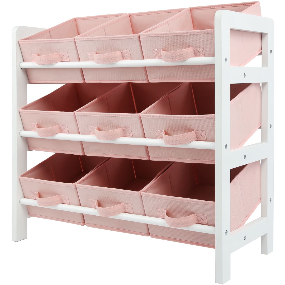 3 Tier Toy Storage Unit with 9 Fabric Boxes for Kids Bedroom